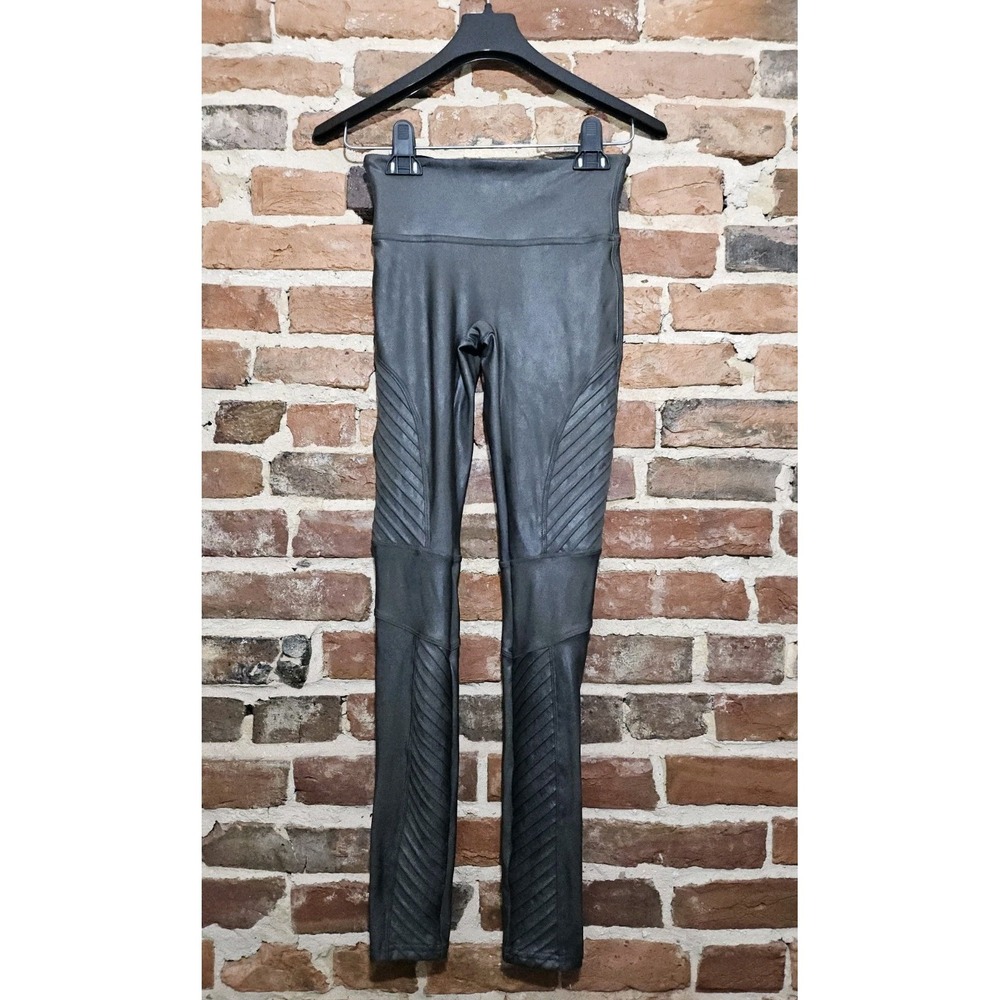 SPANX Faux Leather Moto Leggings XS Black High Waist Quilted Moto Style Gunmetal